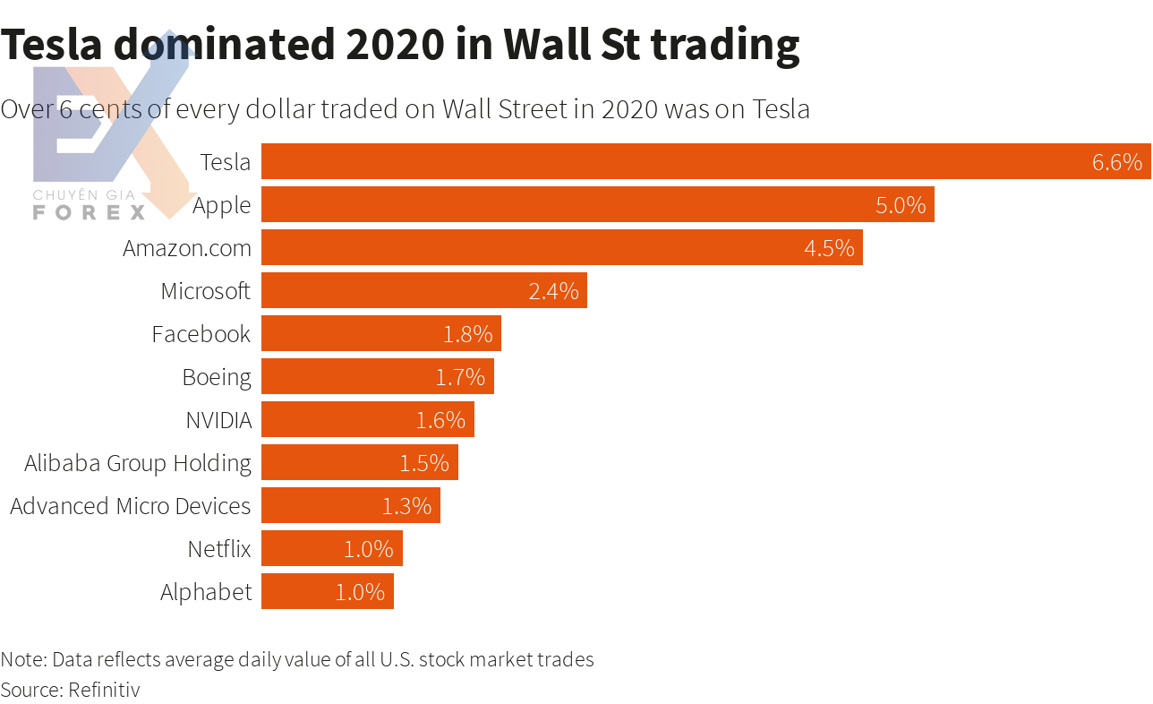 Tesla thống trị năm 2020 trong giao dịch Phố Wall